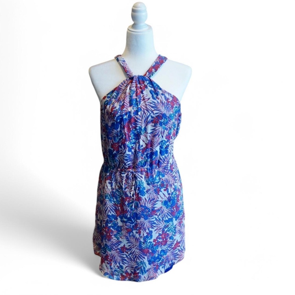 💚 Blue/White Floral Halter Drawstring Waist Dress